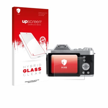 Parte frontal de un envase de producto con el logotipo de la marca upscreen. Al lado se muestra el dispositivo Rollei Powerfle