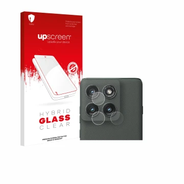 Parte frontal de un envase de producto con el logotipo de la marca upscreen. Al lado se muestra el dispositivo Motorola Edge (