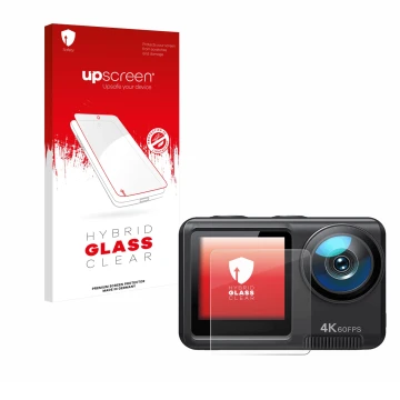 Parte frontal de un envase de producto con el logotipo de la marca upscreen. Al lado se muestra el dispositivo Wolfang GA420 c