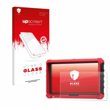 Parte frontal de un envase de producto con el logotipo de la marca upscreen. Al lado se muestra el dispositivo Lilliput A7s 7