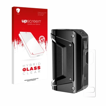 Parte frontal de un envase de producto con el logotipo de la marca upscreen. Al lado se muestra el dispositivo GeekVape Aegis 