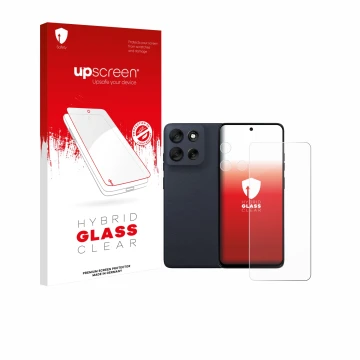 Parte frontal de un envase de producto con el logotipo de la marca upscreen. Al lado se muestra el dispositivo Motorola Moto G
