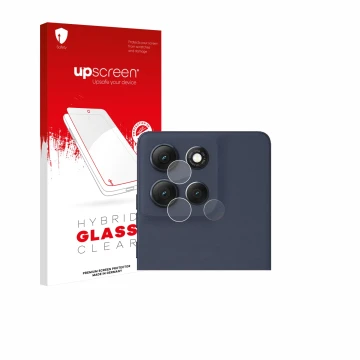 Parte frontal de un envase de producto con el logotipo de la marca upscreen. Al lado se muestra el dispositivo Motorola Moto G