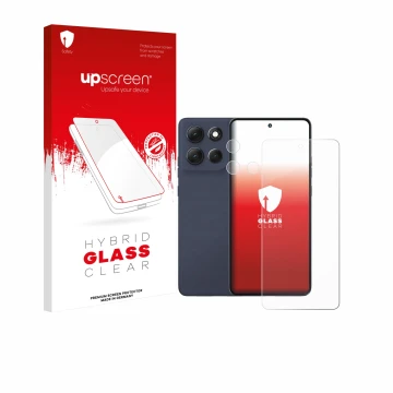 Parte frontal de un envase de producto con el logotipo de la marca upscreen. Al lado se muestra el dispositivo Motorola Moto G