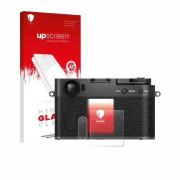 Parte frontal de un envase de producto con el logotipo de la marca upscreen. Al lado se muestra el dispositivo Fujifilm X Half