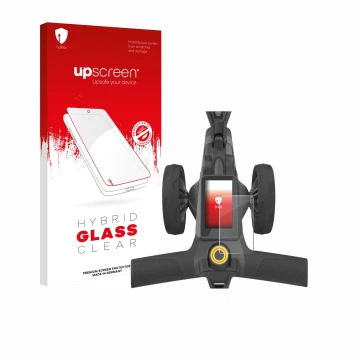 Parte frontal de un envase de producto con el logotipo de la marca upscreen. Al lado se muestra el dispositivo PowaKaddy CT10 