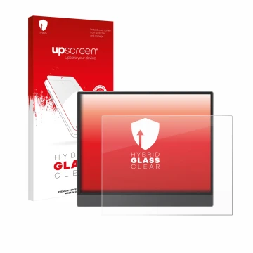 Parte frontal de un envase de producto con el logotipo de la marca upscreen. Al lado se muestra el dispositivo Boox Tab X C co