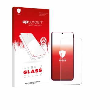 Parte frontal de un envase de producto con el logotipo de la marca upscreen. Al lado se muestra el dispositivo Huawei Pura 80 