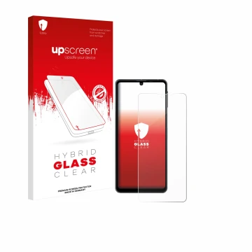 Parte frontal de un envase de producto con el logotipo de la marca upscreen. Al lado se muestra el dispositivo Sharp Aquos Sen