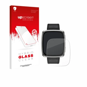Parte frontal de un envase de producto con el logotipo de la marca upscreen. Al lado se muestra el dispositivo Amazfit Active 