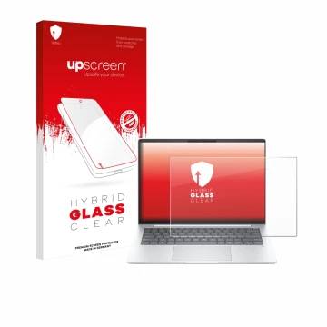 Parte frontal de un envase de producto con el logotipo de la marca upscreen. Al lado se muestra el dispositivo HP EliteBook 8 