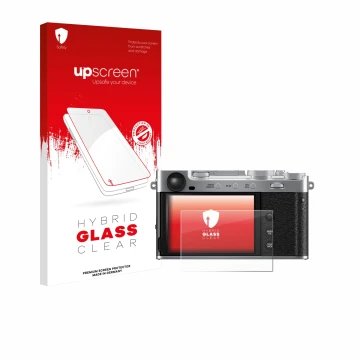 Parte frontal de un envase de producto con el logotipo de la marca upscreen. Al lado se muestra el dispositivo Fujifilm X-E5 c