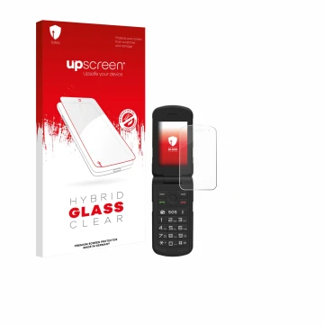 Parte frontal de un envase de producto con el logotipo de la marca upscreen. Al lado se muestra el dispositivo AGM M10 con su 