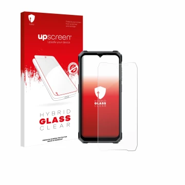 Parte frontal de un envase de producto con el logotipo de la marca upscreen. Al lado se muestra el dispositivo Blackview BL700