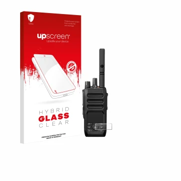 Parte frontal de un envase de producto con el logotipo de la marca upscreen. Al lado se muestra el dispositivo Motorola MOTOTR