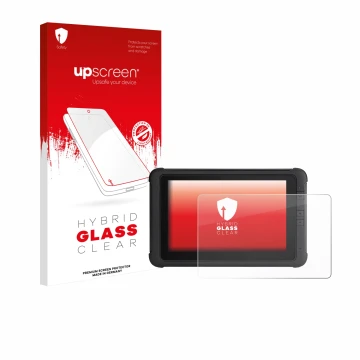 Parte frontal de un envase de producto con el logotipo de la marca upscreen. Al lado se muestra el dispositivo Webfleet PRO 84