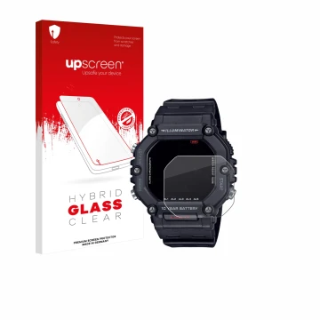 Parte frontal de un envase de producto con el logotipo de la marca upscreen. Al lado se muestra el dispositivo Casio AE-1600H 