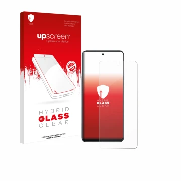 Parte frontal de un envase de producto con el logotipo de la marca upscreen. Al lado se muestra el dispositivo Oppo A40 con su