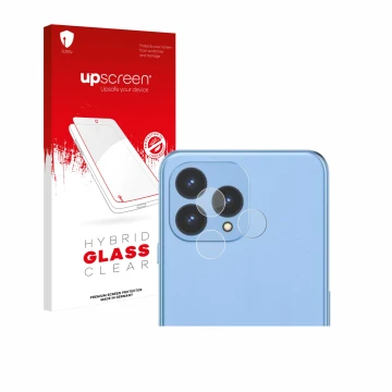 Parte frontal de un envase de producto con el logotipo de la marca upscreen. Al lado se muestra el dispositivo Cubot P80 (SÓLO
