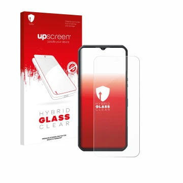 Parte frontal de un envase de producto con el logotipo de la marca upscreen. Al lado se muestra el dispositivo Oukitel WP55 Pr