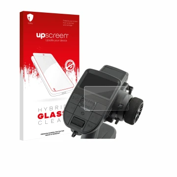 Parte frontal de un envase de producto con el logotipo de la marca upscreen. Al lado se muestra el dispositivo Radiomaster MT1