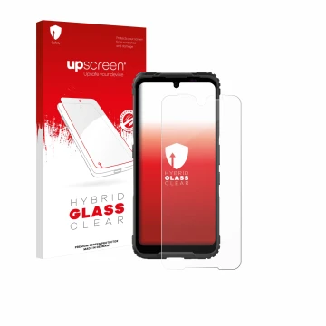 Parte frontal de un envase de producto con el logotipo de la marca upscreen. Al lado se muestra el dispositivo Hammer Blade 5G