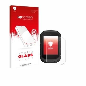 Parte frontal de un envase de producto con el logotipo de la marca upscreen. Al lado se muestra el dispositivo Garmin Edge MTB