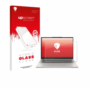 Parte frontal de un envase de producto con el logotipo de la marca upscreen. Al lado se muestra el dispositivo Lenovo Chromebo
