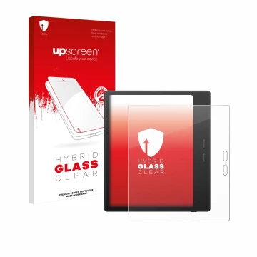 Parte frontal de un envase de producto con el logotipo de la marca upscreen. Al lado se muestra el dispositivo Boox Go Color 7