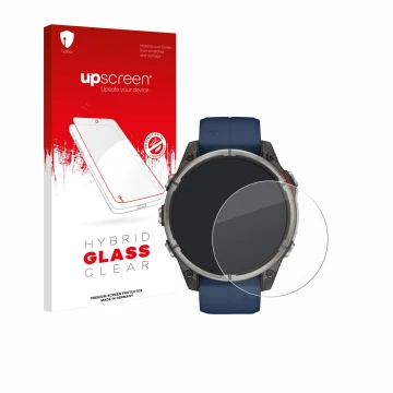 Parte frontal de un envase de producto con el logotipo de la marca upscreen. Al lado se muestra el dispositivo Garmin quatix 8