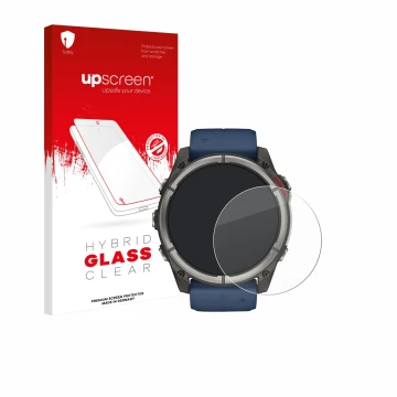 Parte frontal de un envase de producto con el logotipo de la marca upscreen. Al lado se muestra el dispositivo Garmin quatix 8