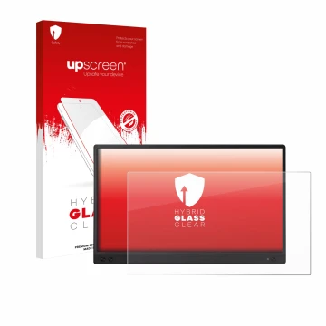 Parte frontal de un envase de producto con el logotipo de la marca upscreen. Al lado se muestra el dispositivo ASUS ZenScreen 