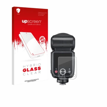 Parte frontal de un envase de producto con el logotipo de la marca upscreen. Al lado se muestra el dispositivo Godox V100 con 
