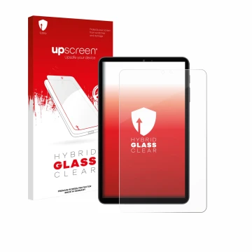 Parte frontal de un envase de producto con el logotipo de la marca upscreen. Al lado se muestra el dispositivo Alldocube iPlay