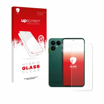 Parte frontal de un envase de producto con el logotipo de la marca upscreen. Al lado se muestra el dispositivo Fairphone 6 (Fr