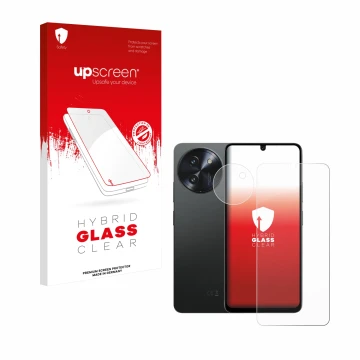 Parte frontal de un envase de producto con el logotipo de la marca upscreen. Al lado se muestra el dispositivo Doogee Note 59 