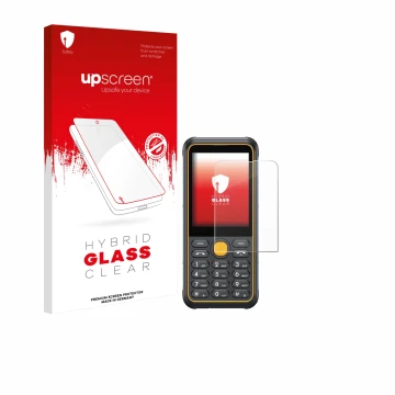 Parte frontal de un envase de producto con el logotipo de la marca upscreen. Al lado se muestra el dispositivo Ulefone Armor M