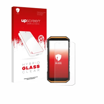 Parte frontal de un envase de producto con el logotipo de la marca upscreen. Al lado se muestra el dispositivo Ulefone Armor X