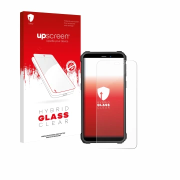 Parte frontal de un envase de producto con el logotipo de la marca upscreen. Al lado se muestra el dispositivo Oukitel WP32 Pr