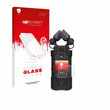 Parte frontal de un envase de producto con el logotipo de la marca upscreen. Al lado se muestra el dispositivo Zoom H5 Studio 