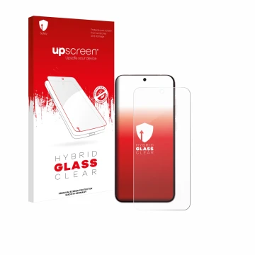 Parte frontal de un envase de producto con el logotipo de la marca upscreen. Al lado se muestra el dispositivo Vivo X200 FE co