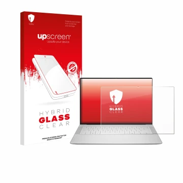 Parte frontal de un envase de producto con el logotipo de la marca upscreen. Al lado se muestra el dispositivo Dell 14 Premium