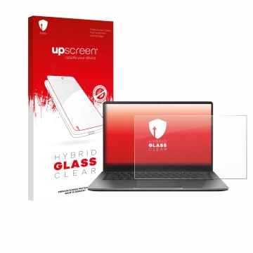 Parte frontal de un envase de producto con el logotipo de la marca upscreen. Al lado se muestra el dispositivo ASUS Chromebook