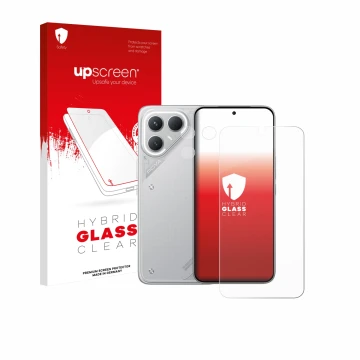 Parte frontal de un envase de producto con el logotipo de la marca upscreen. Al lado se muestra el dispositivo Tecno Pova 7 Pr