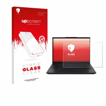 Parte frontal de un envase de producto con el logotipo de la marca upscreen. Al lado se muestra el dispositivo Lenovo ThinkPad