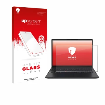 Parte frontal de un envase de producto con el logotipo de la marca upscreen. Al lado se muestra el dispositivo Lenovo ThinkPad