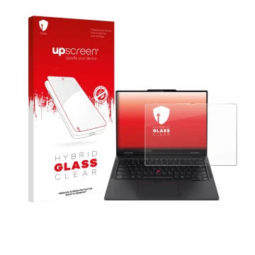 Parte frontal de un envase de producto con el logotipo de la marca upscreen. Al lado se muestra el dispositivo Lenovo ThinkPad