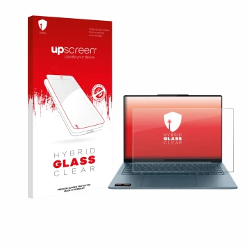 Parte frontal de un envase de producto con el logotipo de la marca upscreen. Al lado se muestra el dispositivo Lenovo Yoga Sli