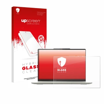 Parte frontal de un envase de producto con el logotipo de la marca upscreen. Al lado se muestra el dispositivo Lenovo Yoga 7 2