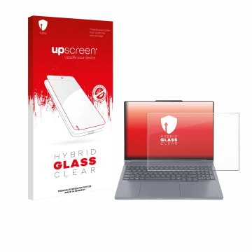 Parte frontal de un envase de producto con el logotipo de la marca upscreen. Al lado se muestra el dispositivo Lenovo ThinkBoo